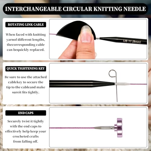 Image of Froggod 4.53 inch (11.5cm) Interchangeable Circular Knitting Needles Set | US 2.5-11 (3.0-8.0mm) | 9-Pair Black Needles | 4 Cables(16 inch, 24 inch, 32 inch, 40 inch), Accessories & Case for Hats, Sweaters & Shawls