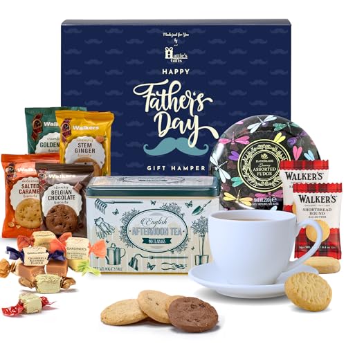 Hatties Gifts Fathers Day Hamper with Afternoon Tea Treats Gourmet Tea Scottish Fudge & Shortbread Gift Box for Dad Grandad or Stepdad