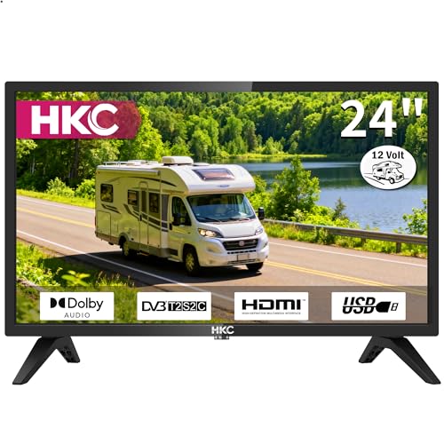 HKC Téléviseur HD 24' 12 V, Freeview DVB-T2/C/S2 Dolby Audio, HDMI, VGA, PC, péritel, USB, petit écran de voyage pour camping-car...