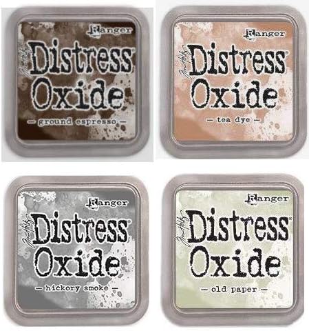 Tim Holtz Ranger Distress Oxide Ink Bundle K - Four 3" x 3" Pads - Ground Espresso, Tea Dye, Hickory Smoke Old Paper (Three New Fall 2018)