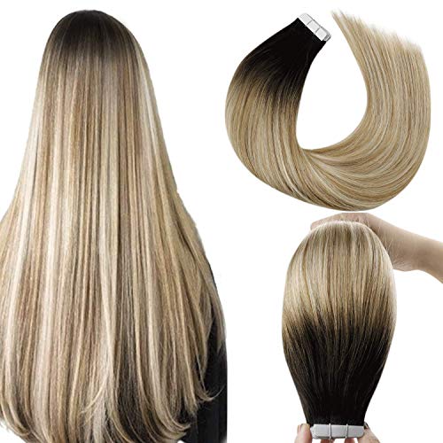 Black Tape in Human Hair Extensions LaaVoo Rooted Black Extensions Tape in Human Hair Double Side Glue in Real Extensions for Women Balayage Off Black to Golden Brown and Platinum Blonde 50g 20Pcs 18”