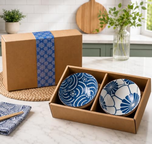 Image of Premium Ceramic Bowl Japanese Style Porcelain Rice, Soup & Dessert Bowls - Assorted Floral & Wave Patterns - Microwave & Dishwasher Safe - Gift Box Packaging (Blue & White Printed, Pack of 2)