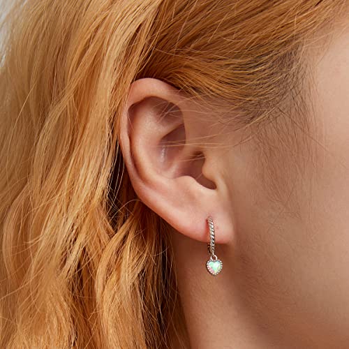 Colorful Opal Heart Dangle Hoop Earrings for Women Girls 925 Sterling Silver Rainbow Opal Small Huggie Hoops Cartilage Earring Dangling Charm Drop Hinged Cuff Dainty Jewelry Gifts for Sensitive Ears2