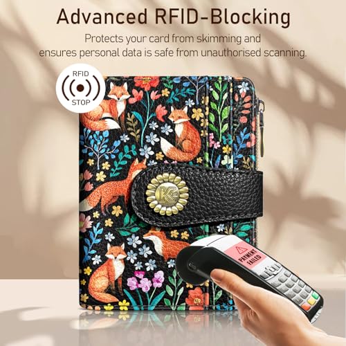 Image of Kelvoris Cute Floral Fox Flowers Boho Small Rfid Women Wallet Coin Pocket | Bifold Zipper PU Leather Compact Cash Credit Card Holder Travel Purse for Female Ladies Teen Girls 1 ID Window 10 Card Slots