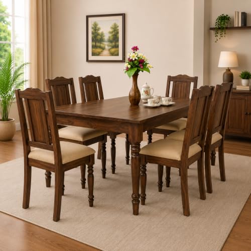 Image of 6 Seater Wooden Dining Table Set | Table Size 63 x 33 x 29 Inches | Chair Size 18 x 18 x 39 Inches | Dining Room Furniture Set with 6 Chairs | Sturdy Wooden Construction (Walnut Finish)