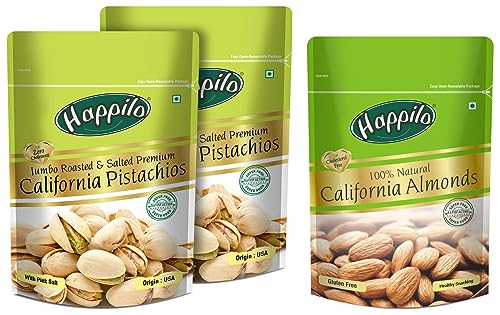 Image of Happilo 100% Natural Premium Californian Almonds, 200g + Happilo Premium Californian Roasted and Salted Pistachios, 200g (Pack of 2)
