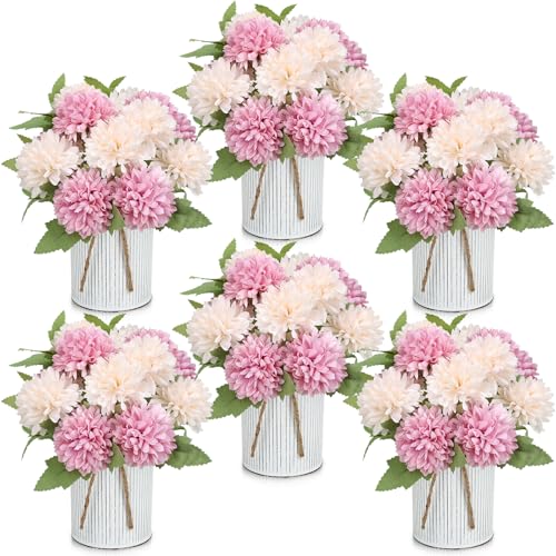 SEKNHOP Pre-Made Flower Table Centerpieces Set of 6 Artificial Silk Chrysanthemum with Farmhouse Metal Vases for Wedding Birthday Parties Home Dining Table Decorations - Dusty Pink & Champagne