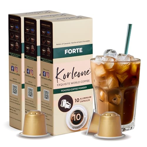 Image of KORLEONE Forte Aluminium Nespresso Compatible Coffee Pods 30 Capsules Pack of 3 Arabica Robusta Blend Intensity 10 Medium to Dark Roast Level