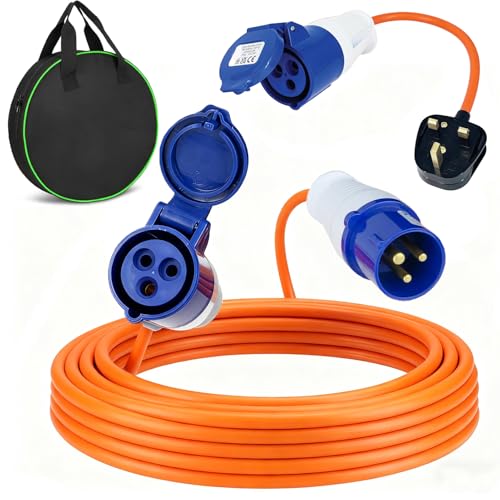 Caravan Hook Up Cable 10M 240V 16A Camping Extension Lead with 3 Pin Fly Lead Converter and Carrying Bag Power Cord Electric Extension Cable for Motorhomes Campervans
