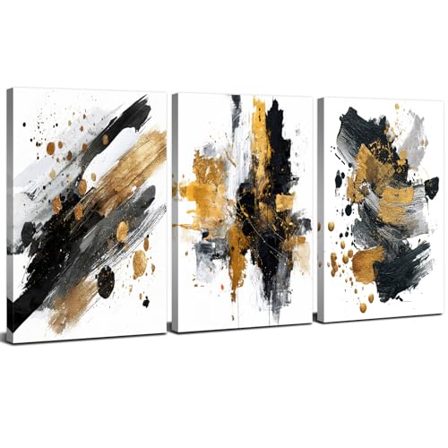 3 Piece Abstract Black and Gold Wall Art Modern Neutral Pictures Wall Decor for Living Room Bedroom Kitchen, Watercolor Marble Texture Ink Paintings Canvas Posters Artwork Home Decorations 12x16”