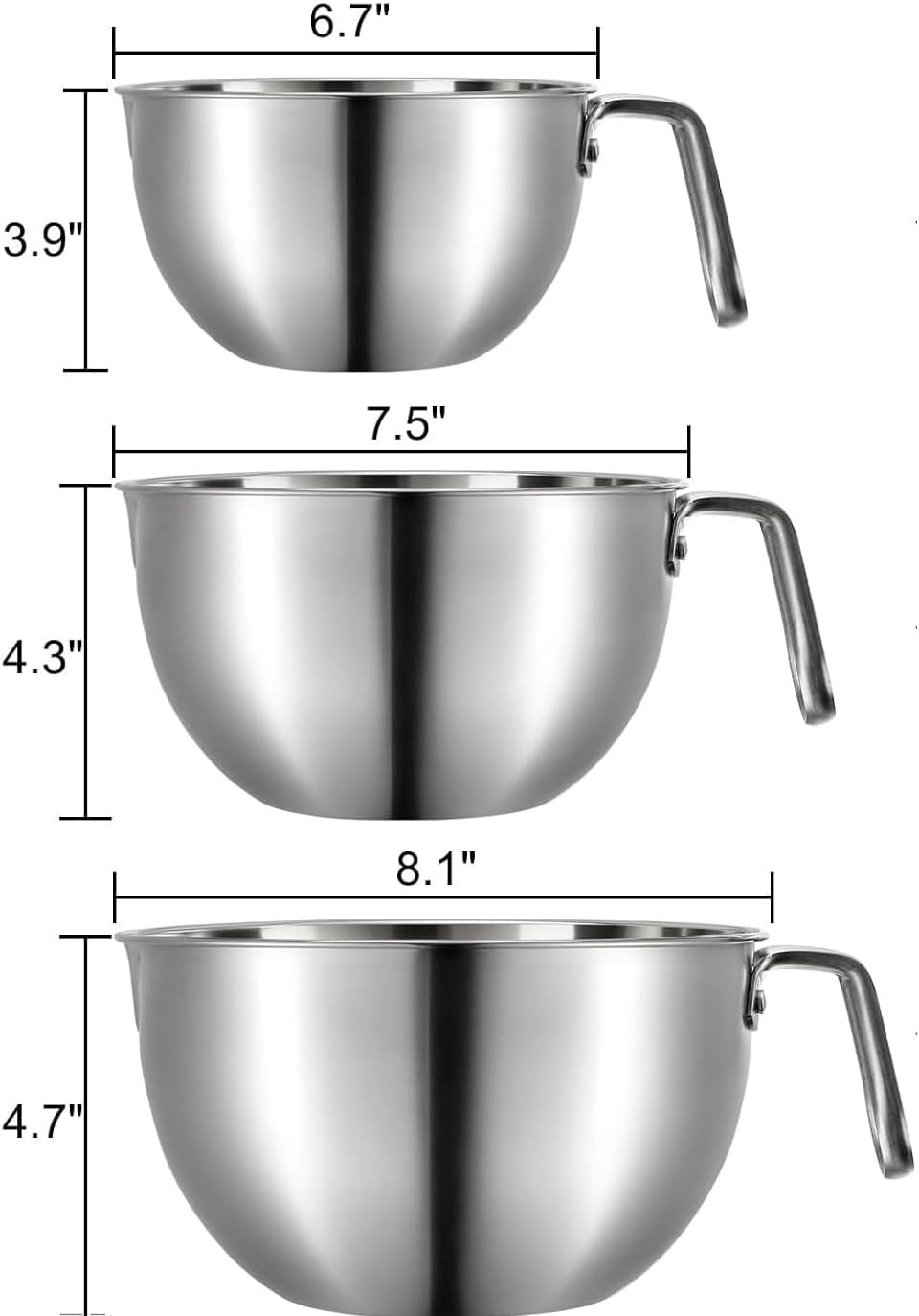 目盛り付きステンレス製ミキシングボウル3点セット、多用途スープボウル、重ねて収納できる省スペースボウル（ベーキングや料理用）