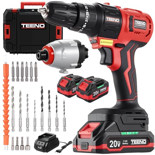 Image of TEENO 20V Cordless Drill & Impact Driver Kit – Single Power Unit, 2 Battery, Fast Charger, LED Light, 19 Accessories, Tool Bag, 3/8" Drill & 1/4" Impact Driver for Home DIY & Woodworking