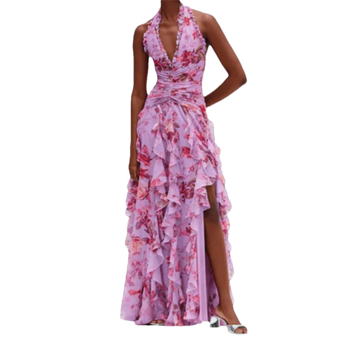 Women Elegant Pattern Print Cake Party Lace-Up Slim Split Long Sexy Sleeveelss Ruffle Dress