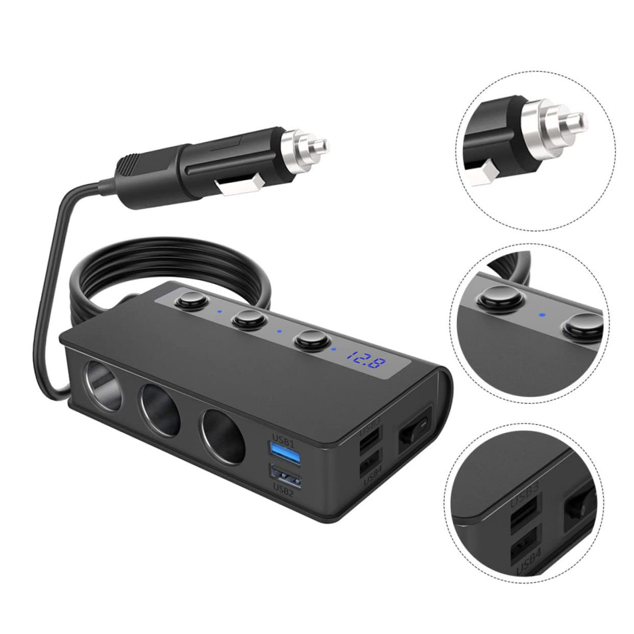 Hemobllo Caricatore da Auto Sdoppiatore Accendisigari 180w, 4 Porte Usb, Interruttore Indipendente, Protezione Intelligente, per Dispositivi USB