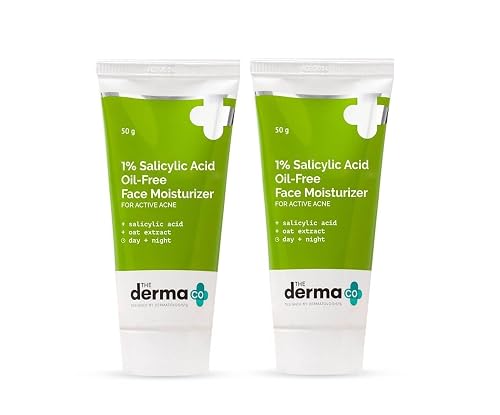 The Derma Co 1% Salicylic Acid Oil-Free Moisturizer For Face with Oat Extract | Fights Active Acne | Deeply Moisturizes | 50 g (Pack of 2)