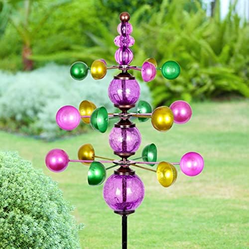 Exhart Wind Spinner, 3 Tier Garden Stake with Glass Crackle Balls, Wind Powered Glass and Metal Outdoor Garden Decor and Yard Art, Purple, 14 x 48 Inch