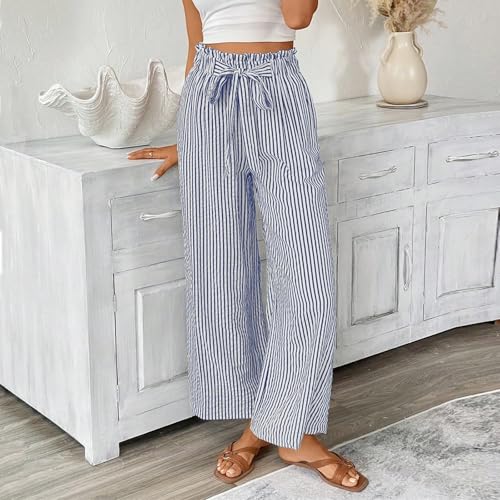 Striped Pants Women Drawstring Wide Leg Linen Pants Lightweight High Waisted Comfy Lounge Trousers with Pockets2