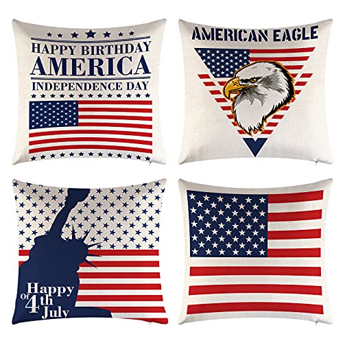 TGOOD 4th of July Decorations Pillow Covers 18 x 18 Set of 4 Independence Day Pillow Case Memorial Day Decorations Patriotic Throw Cushion Cover Patriotic Party Supplies Sofa, Bedroom Home Decor