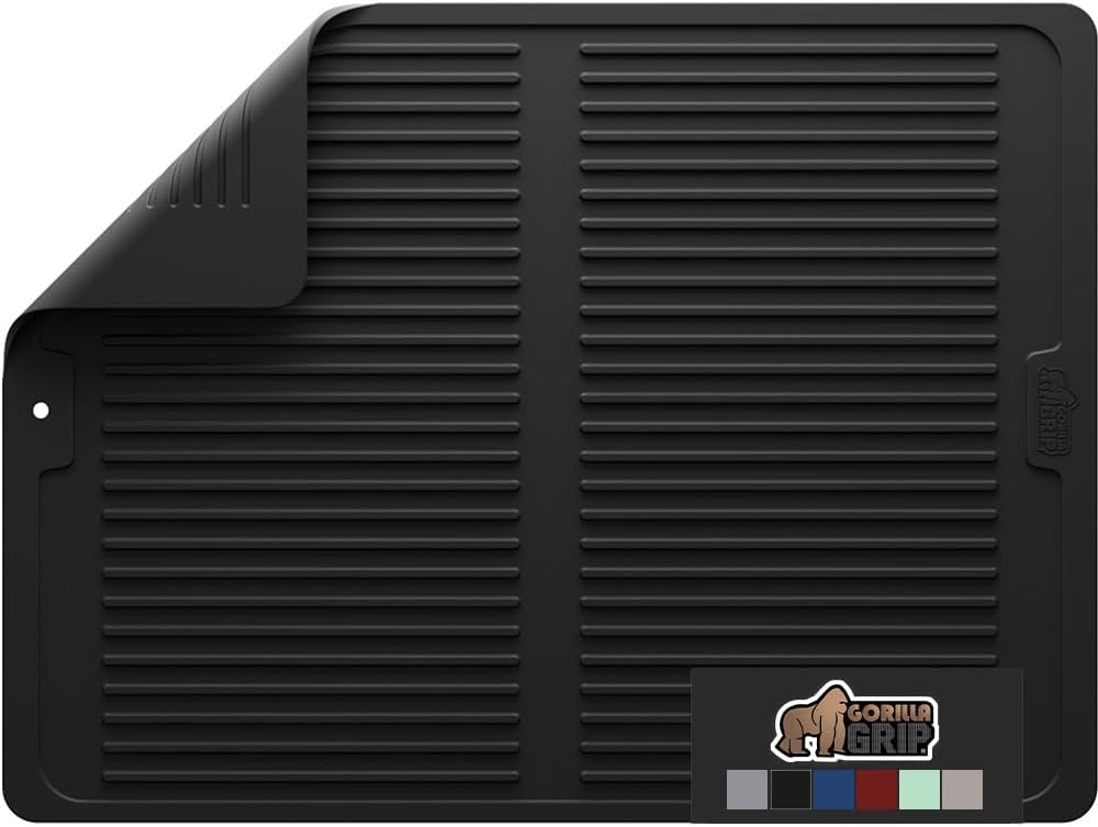 Gorilla Grip 100% BPA-Free Silicone Dish Drying Mat for Kitchen Counter, Slip Resistant Dishwashing Mat, Quick Dry, Heat Resistant Waterproof Sink Mats, Fits Under Rack, Easy Clean, 16×12, Black