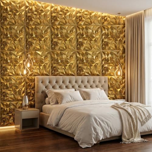 Image of Kayra Decor 3D PVC Wall Panels for Bedroom & Living Room | Frame Design |Golden Color | 19.7 x 19.7 Inch | Pack of 40 | 107.60 Sq Ft