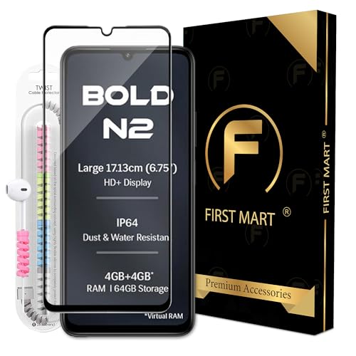 Image of FIRST MART Tempered Glass for Lava Bold N2, 9H 0.3 mm Full-Glue Screen Protector with Cable Protector, 3D Edge-to-Edge, HD Clear, Case-Friendly, Black, Pack of 1