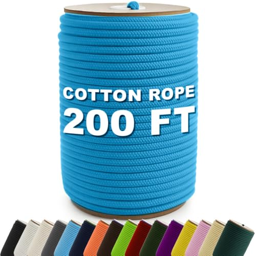 PerkHomy 200 Feet Cotton Rope 3/16" (5mm) Multi Purpose Utility Diamond Braided Cord, Natural Cotton for Clothes Line Camping Crafting Flag Pole, Sky Blue