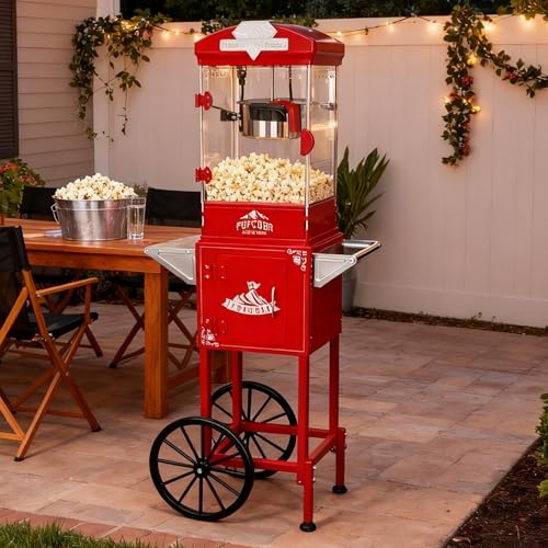 Popcorn Machine with Cart, 10oz Stainless Steel Kettle, Vintage Movie Theater Style Popcorn Maker Machine for Parties, Events, Home Use, Red