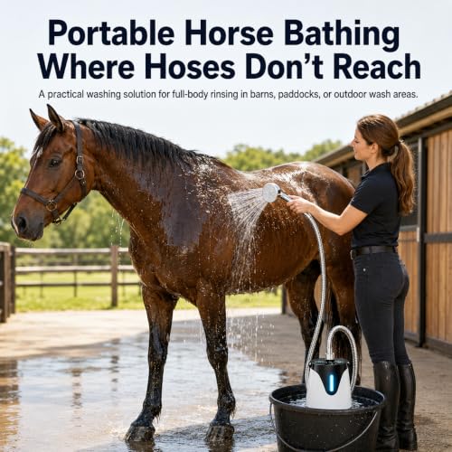Bomba de ducha portátil para caballos para baño y enjuague – Kit de ducha recargable para equinos con pantalla digital de temperatura del agua, spray presurizado, motor silencioso y manguera para granero, remolque y potrero miniatura 4