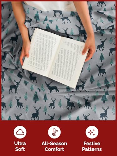 Twin Christmas Reindeer Sheet Set - Holiday Xmas Pattern Bedding Set - Deep Pockets - Snug Fit - 3 Piece - Wrinkle Free & Easy Care - Comfy Festive Winter - Holiday Sheets for Women, Men, Kids & Teens