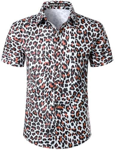 Image of PARKLEES Men's Leopard Print Shirt Casual Cheetah Printed Short Sleeve Button Down Shirt Orange Black Large