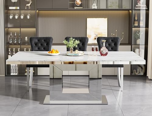 Image of 63 inch-94 inch Modern Extendable Dining Room Table for 6 8 10, Large White Faux Marble Expandable Kitchen Table with Mirrored U-Shape Pedestal Base for Home Kitchen Dining Room Family Gathering