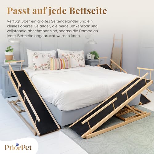 Hunderampe Bett PRIORPET aus Birkenholz mit Sicherheitsgeländer - Höhenverstellbare hundetreppe für Betten bis zu 94.5cm - Klappbar - Anti-Rutsch-Griff - Für kleine Hunde bis zu 23kg - Naturel