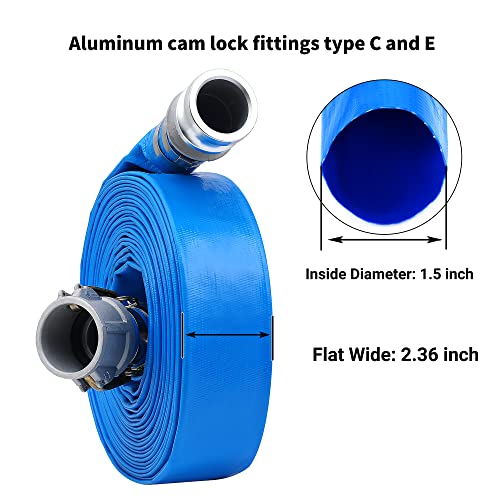 Image of 1-1 /2 inch x 50ft PVC Lay Flat Discharge Hose With Aluminum Camlock C & E Fittings, Cam Lock Fitting Type A included, Pump Backwash Hose Assembly | Fittings, Cam Lock Fitting Type A included, Reinforced Pump Backwash Hose Assembly
