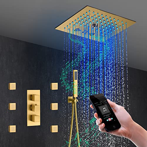 Cascada Luxury sistema de ducha LED 12" con altavoces Bluetooth incorporados, 4 funciones (Lluvia, Niebla, jets corporales y ducha de mano) y control remoto con 64 luces de colores (acero inoxidable pulido)