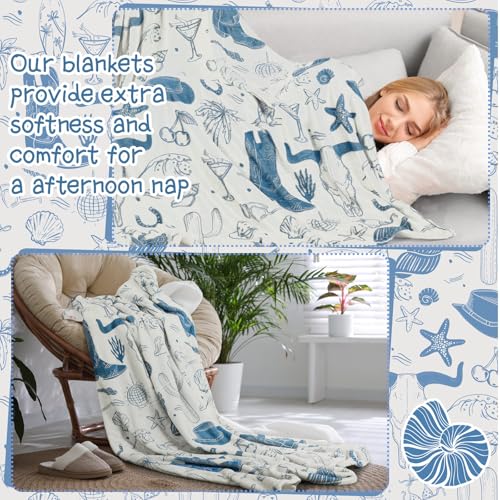 HunnmingRe Coastal Cowgirl Throw Blanket 50 x 60 Inches Blue Velvet Soft Plush Preppy Blanket with Cowboy Hat Boots Horseshoe Seashell for Summer Boho Gifts Couch Bed Sofa Chair Birthday Decor - Image 3
