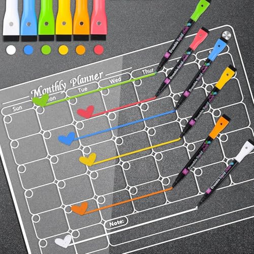 Pacote com 3 calendário magnético acrílico para geladeira, quadro magnético apagável a seco para gel