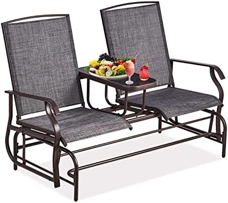 KAHOO 2-Person Outdoor Glider Chair with Center Tempered Glass Table,Sturdy Metal Frame & Patio Rocking Chair, Double Rocking Swing Loveseat for Porch, Garden,Poolside