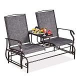 KAHOO 2-Person Outdoor Glider Chair with Center Tempered Glass Table,Sturdy Metal Frame & Patio Rock