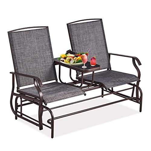 Kahoo 2-Person Outdoor Glider Chair With Center Tempered Glass Table,Sturdy Metal Frame & Patio Rocking Chair, Double Rocking Swing Loveseat For Porch, Garden,Poolside #TOP3