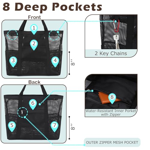 Mesh Beach Bag, Large Beach Tote with Top Zipper Closure & 8 Pockets Toys Pool Bag Family Vacation Cruise Essentials4