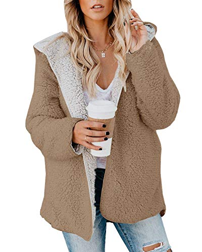 ReachMe Womens Oversized Sherpa Jacket Fuzzy Fleece Teddy Coat with Pockets Open Front Hooded Cardigan(Khaki,2XL)