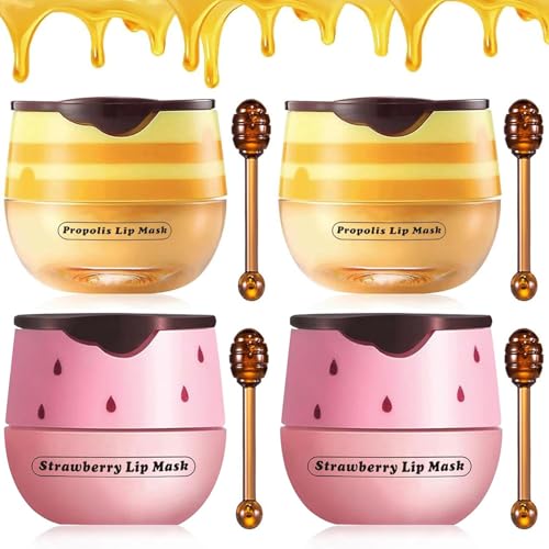 Alisesun 4PCS Strawberry & Bee Lip Balm Honey Pot, Vitamin E & Moisturizing Propolis Sleeping Lip Mask, Effective Reduces Lip Lines Prevention Dry and Cracked Scrubs Exfoliator Smoothing Dry Lip Care