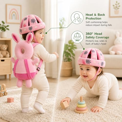 Image of GLUN Baby Back Protector with Head Protective Hat Combo Set, Cute Rabbit Shape Soft Cushioning, Adjustable Shoulder Belt, Head Protection Gear for 6-18 Month Toddler Kids