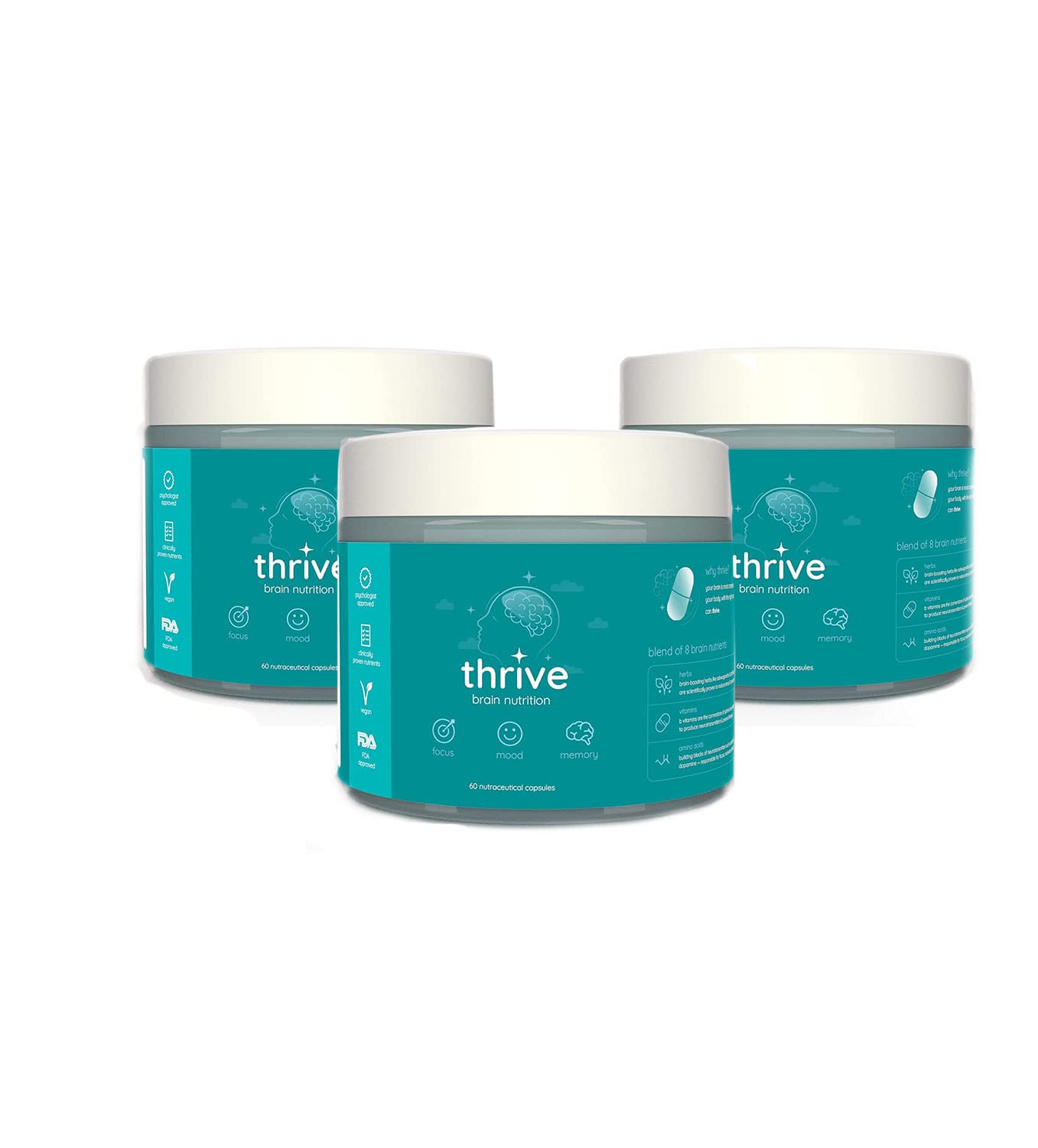 Food for Thought Thrive - Focus, Memory & Mood Booster - High Dosage Nootropic - Brain Supplement - Vit B6,B9,B12, Ashwagandha, Brahmi, Ginseng, L Tyrosine, L Tryptophan, L Theanine (3 Months Pack, 180 Capsules)
