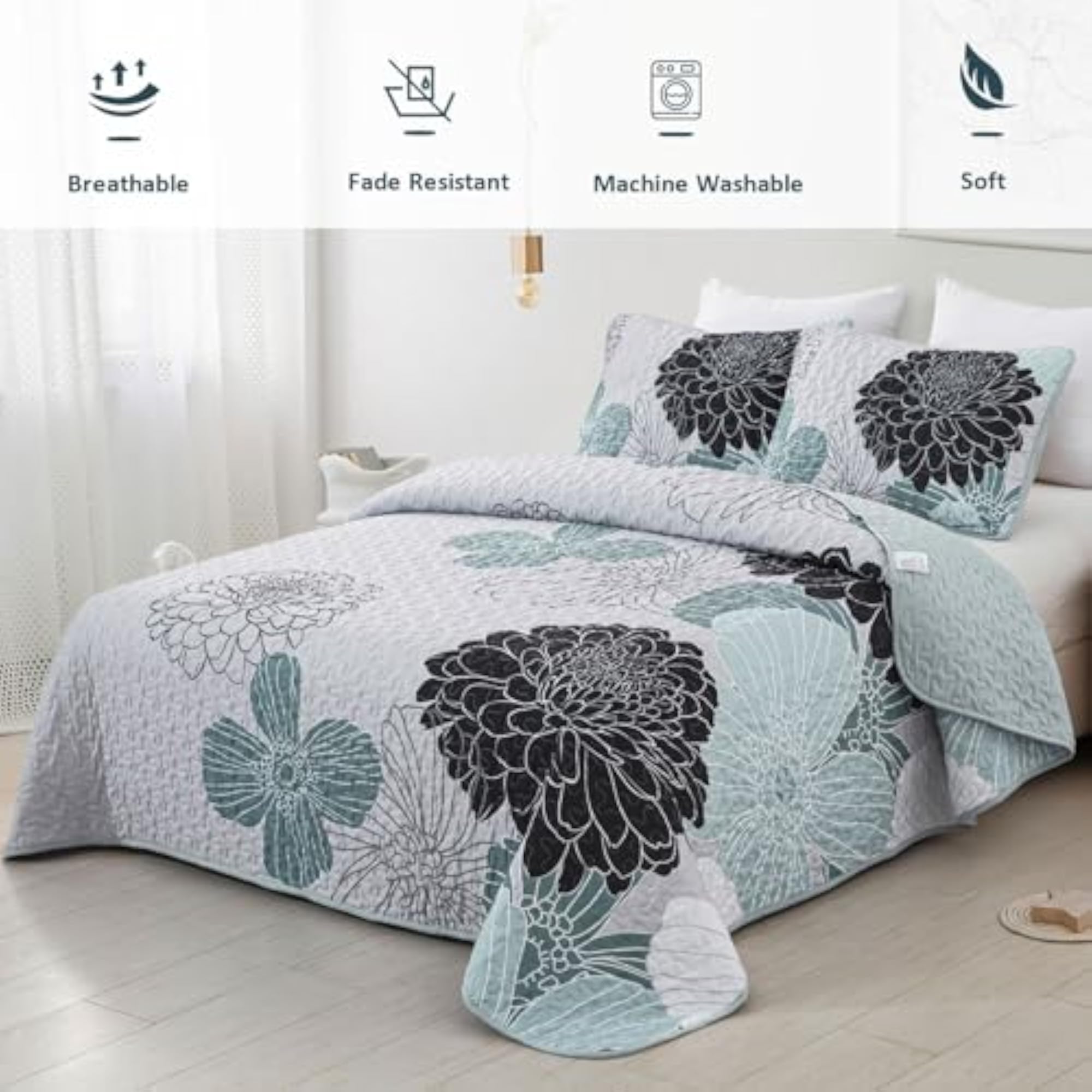 3 Pieces Grayish Blue Floral Quilt Set, King Size