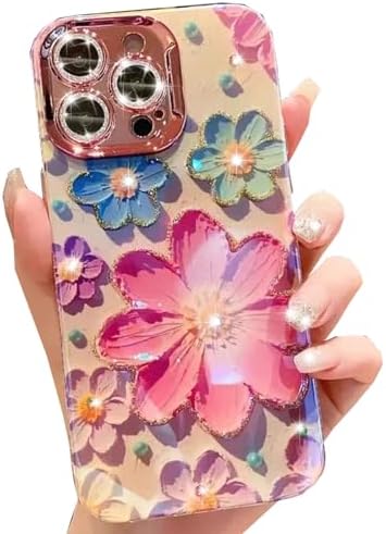 JIAXIUFEN Case For IPhone 14 IPhone 13 Sparkle Glitter Retro Oil Painting Printed Flower Design Slim Shockproof Protective TPU Soft Silicone Cover
