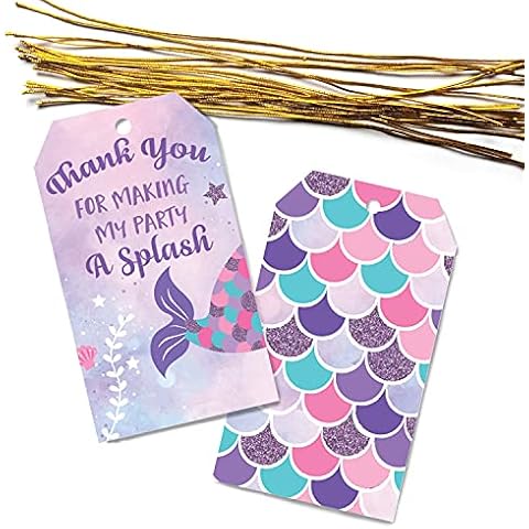 Mermaid Thank You Tags Birthday 24 Pcs with 24 Pcs Gold Strings | Hanging Labels for Mermaid Party Favors Bags Gift Sickers Kids Cover
