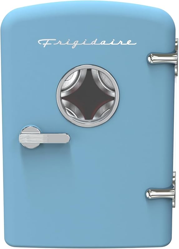Frigidaire Retro Mini refrigerador personal de 9 latas, refrigerador portátil para automóvil, oficina, dormitorio, dormitorio o cabina, 11.8" D x 7.1" W x 10.1" H, AZUL