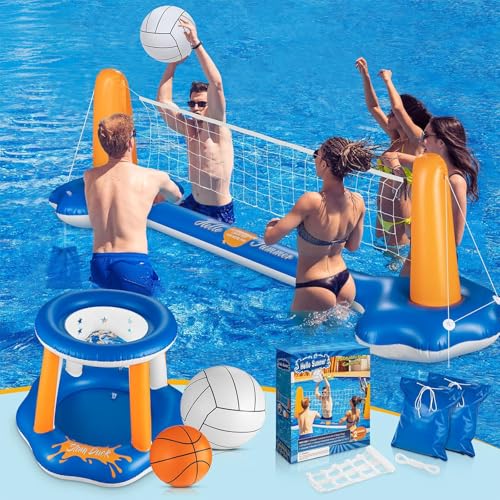 KIDDITOY ㅤ Set da pallavolo e canestro da basket, rete da pallavolo da 317,5 cm più grande per interni, include 2 palline e 2 sacchi pesi, giochi da biliardo per adulti, campo da pallavolo (317,5 x