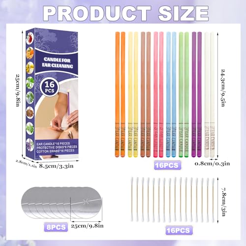 Ohrenkerzen, Ohrenschmalz Entferner Kerzen Ohrenkerze Kit, Natürliche Ohrenkerzen mit Sicherheitsfilter, Schutzscheiben und Wattepads (16 Stück)
